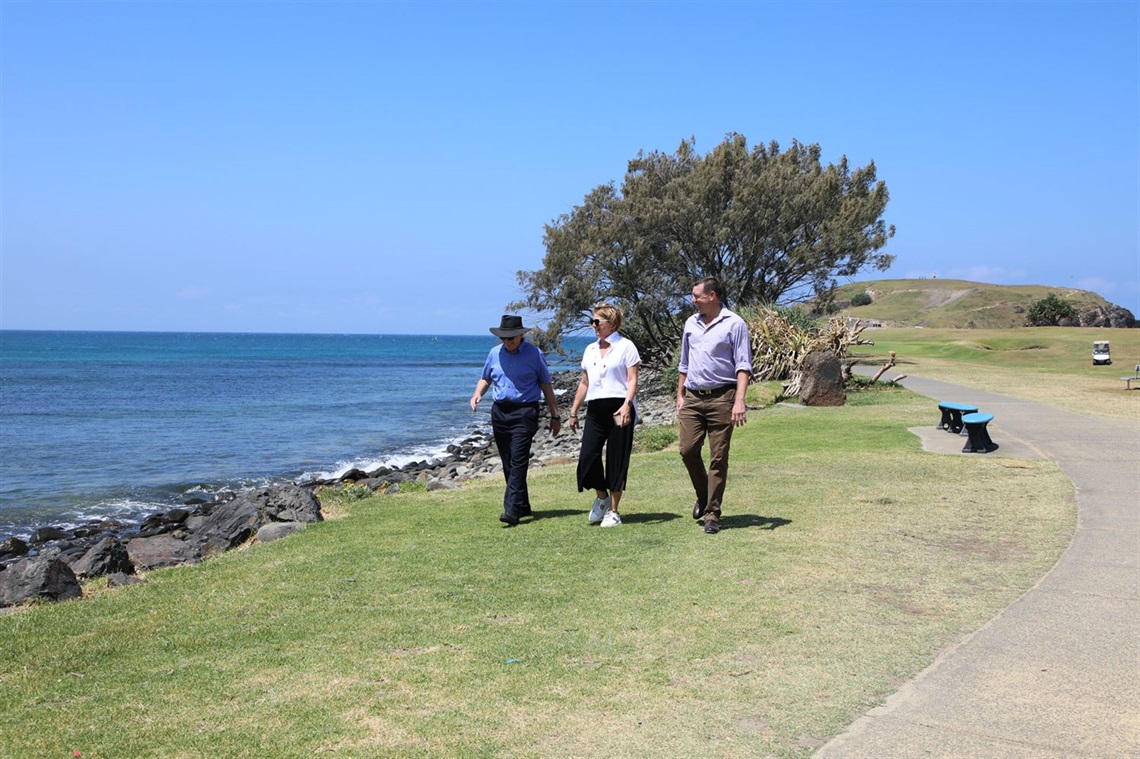 Mayor Leo Hauville walking the Crescent Head foreshore with Member for Oxley Melinda Pavey and Oxley candidate Michael Kemp