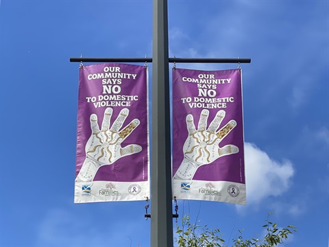 Smith St banners supplied by Kempsey Families which display the artwork of two students from local Kempsey High Schools created through the Love Bites Healthy Relationships in Schools Program